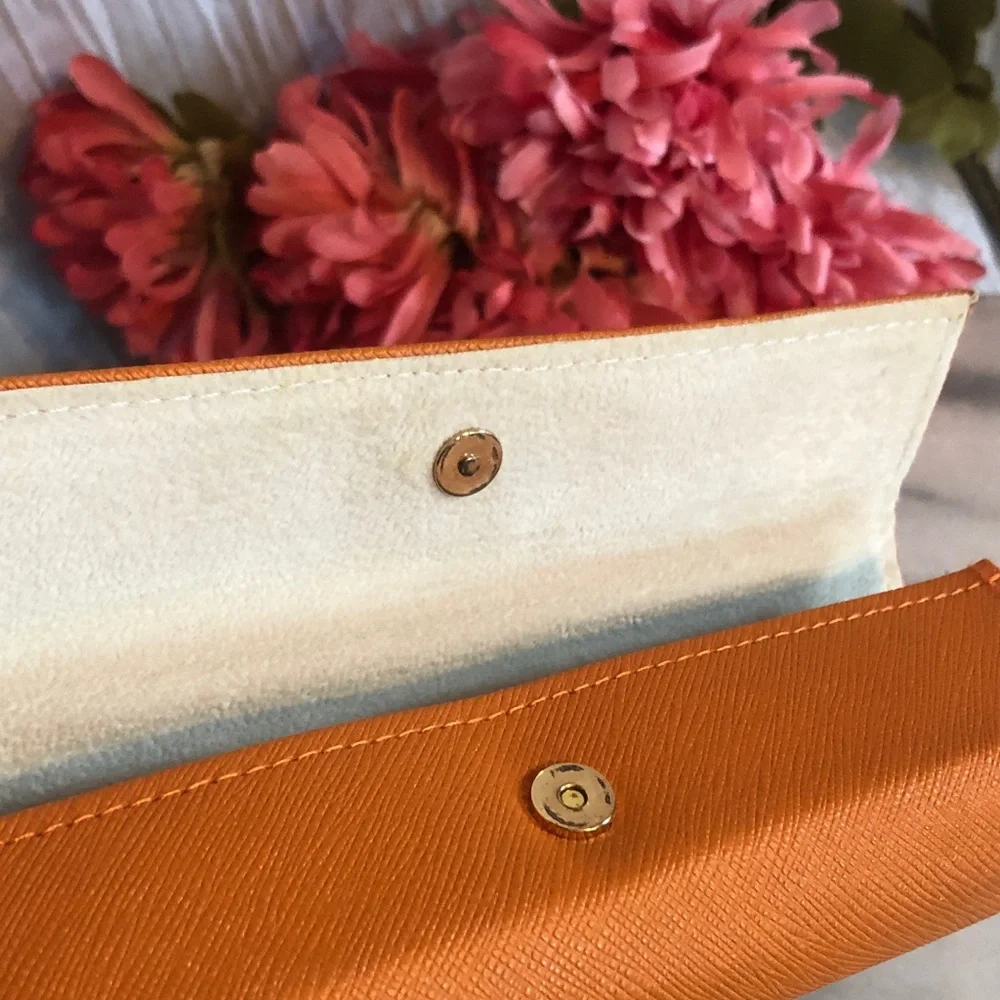TORY BURCH orange leather eye glasses case triangle snap close gold Miller logo